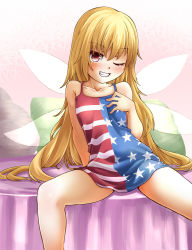 Rule 34 | 1girl, adapted costume, adworse, american flag, american flag print, bare arms, bare legs, bare shoulders, blonde hair, blush, clownpiece, collarbone, fairy wings, flag print, grin, hand up, highres, leaning to the side, long hair, looking at viewer, one eye closed, pillow, pink background, red eyes, sitting, smile, solo, spread legs, teeth, touhou, very long hair, wings