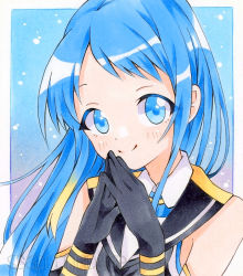 Rule 34 | 1girl, bad id, bad pixiv id, black gloves, blue eyes, blue hair, closed mouth, floating hair, gloves, highres, kantai collection, long hair, looking at viewer, marker (medium), sailor collar, samidare (kancolle), sample watermark, smile, solo, traditional media, watermark, wing collar, yuiki (cube)