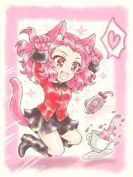 Rule 34 | 1girl, animal ears, black footwear, black skirt, boots, cat ears, cat girl, cat tail, cup, epaulettes, girls und panzer, highres, jacket, kuromori yako, long sleeves, military, military uniform, miniskirt, mouse (animal), one-hour drawing challenge, open mouth, pink hair, pleated skirt, red jacket, rosehip (girls und panzer), short hair, skirt, smile, st. gloriana&#039;s military uniform, tail, tea, teacup, uniform