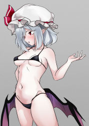 Rule 34 | 1girl, bat wings, bikini, breasts, contrapposto, cowboy shot, eyes visible through hair, grey background, hand on own hip, hand up, hat, highres, looking to the side, low wings, medium hair, micro bikini, mob cap, navel, ohkey now, red eyes, remilia scarlet, silver hair, simple background, small breasts, solo, swimsuit, touhou, wings