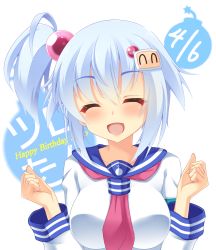 Rule 34 | 1girl, blue hair, blush, bombergirl, breasts, closed eyes, hair ornament, houkiboshi, large breasts, medium breasts, one side up, open mouth, shiro (bombergirl), side ponytail, smile, solo, upper body, white bomberman