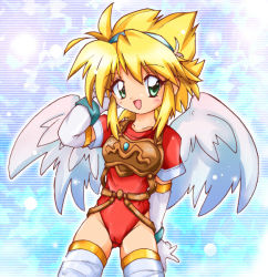 Rule 34 | 1girl, angel wings, armor, bad id, bad pixiv id, blonde hair, blush, breath of fire, breath of fire i, cameltoe, capcom, chibi, elbow gloves, gloves, green eyes, leotard, looking at viewer, nina (breath of fire i), open mouth, red leotard, short hair, smile, solo, thighhighs, white wings, wings, zipang (zip@ng works)