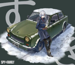 Rule 34 | 1girl, absurdres, black eyes, blue coat, boots, car, coat, coffee, coffee cup, colored eyelashes, commentary, commentary request, cup, disposable cup, fiona frost, highres, motor vehicle, narbera1 marble, short hair, snow, solo, spy x family, steam, trabant, turtleneck, vehicle focus, white hair