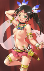 Rule 34 | 1girl, :d, alternate costume, armlet, belly dancer, black hair, bracelet, breasts, choker, circlet, collarbone, dagger, dancer, dancing, earrings, fang, feather hair ornament, feathers, francesca lucchini, green eyes, hair bobbles, hair ornament, harem outfit, jewelry, knife, leg up, long hair, navel, necklace, nipples, open mouth, shawl, sheath, sheathed, skirt, small breasts, smile, solo, strike witches, sweat, topless, twintails, weapon, world witches series, wristband, youkan