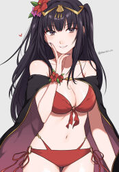 Rule 34 | 1girl, bare shoulders, bikini, black cape, black hair, breasts, cape, cleavage, commentary, cowboy shot, fire emblem, fire emblem awakening, fire emblem heroes, grey background, grey eyes, grin, highres, large breasts, long hair, looking at viewer, navel, nintendo, o-ring, o-ring bikini, official alternate costume, peach11 01, red bikini, simple background, smile, solo, standing, stomach, swimsuit, tharja (fire emblem), tharja (summer) (fire emblem), two side up, very long hair