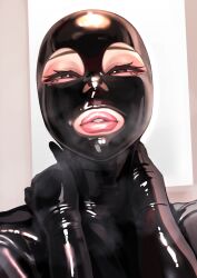Rule 34 | 1girl, absurdres, bodysuit, eyelashes, gimp mask, highres, kilye kairi, latex, latex bodysuit, lips, looking at viewer, mask, original, parted lips, shiny clothes, skin tight, solo, upper body