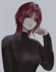 Rule 34 | 1girl, aoi ogata, artist name, black sweater, breasts, brown eyes, clip studio paint (medium), closed mouth, commentary, commission, copyright request, english commentary, grey background, hand up, long sleeves, looking at viewer, medium breasts, red hair, red lips, ribbed sweater, simple background, sleeves past wrists, solo, sweater, turtleneck, turtleneck sweater, upper body