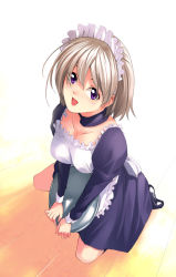 Rule 34 | 1girl, :d, apron, blue dress, blue eyes, breasts, cleavage, dress, frills, full body, juliet sleeves, kneeling, long sleeves, looking at viewer, looking up, maid, maid apron, maid headdress, maimu, open mouth, original, puffy long sleeves, puffy sleeves, short hair, silver hair, smile, solo