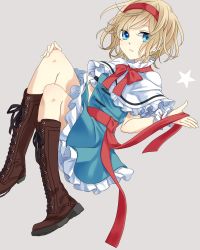 Rule 34 | 1girl, alice margatroid, ascot, bad id, bad twitter id, blonde hair, blue eyes, capelet, cross-laced footwear, hairband, legs, open mouth, sash, short hair, simple background, solo, star (symbol), touhou, tsuno no hito