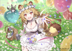 1girl airy_production animal_ears balloon basket blonde_hair bow breasts brown_eyes cleavage collar copyright_notice dress flower flower_wreath gabiran grass heart_balloon leaf leaf_on_head long_hair open_mouth purple_flower purple_petals purple_rose red_flower rose teeth upper_teeth_only virtual_youtuber white_bow white_collar white_dress white_flower yashima_momiji_(vtuber) yellow_flower