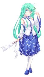 Rule 34 | 1girl, ;q, absurdres, ahoge, blue footwear, blue skirt, blush, commentary request, detached sleeves, frog hair ornament, full body, green eyes, green hair, hair between eyes, hair ornament, hair tubes, highres, holding, holding stick, kochiya sanae, loafers, long hair, long sleeves, looking at viewer, nontraditional miko, one eye closed, open mouth, polka dot, polka dot skirt, print skirt, reimei (r758120518), shirt, shoes, simple background, skirt, sleeveless, sleeveless shirt, smile, snake, solo, standing, stick, tongue, tongue out, touhou, very long hair, white background, white legwear, white shirt, white sleeves, wide sleeves