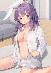 Rule 34 | 1girl, absurdres, animal ears, blush, breasts, closed mouth, collarbone, commentary request, couch, foot out of frame, highres, indoors, long hair, mamemochi, medium breasts, naked shirt, navel, open clothes, open shirt, purple hair, rabbit ears, red eyes, reisen udongein inaba, shirt, sitting, touhou, wariza, white shirt