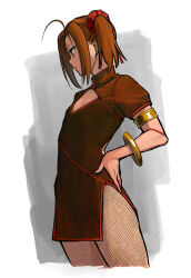 Rule 34 | 1girl, ahoge, armlet, b suke, bangle, bracelet, brown dress, brown hair, china dress, chinese clothes, cleavage cutout, closed mouth, clothing cutout, cowboy shot, cropped legs, dress, facial mark, fate/grand order, fate (series), fishnet pantyhose, fishnets, flat chest, forehead mark, hair ornament, hair scrunchie, hand on own hip, highres, jewelry, looking ahead, nezha (fate), one side up, pantyhose, print dress, red scrunchie, scrunchie, sidelocks, simple background, solo