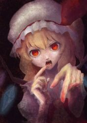 Rule 34 | 1girl, ascot, blonde hair, blood, blood from mouth, blood on hands, chabezou, crystal, dark background, fangs, flandre scarlet, glowing, glowing wings, hat, hat ribbon, head tilt, highres, looking at viewer, mob cap, multicolored wings, pointing, pointing at viewer, puffy short sleeves, puffy sleeves, red eyes, red ribbon, red vest, ribbon, shirt, short sleeves, simple background, solo, teeth, touhou, upper body, vest, white hat, white shirt, wings, yellow ascot