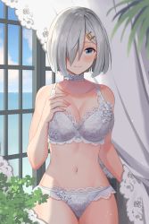 Rule 34 | 1girl, blue eyes, blue sky, blush, bra, breasts, choker, cleavage, collarbone, day, frilled bra, frilled panties, frills, hair ornament, hair over one eye, hairclip, hamakaze (kancolle), hand on own chest, highres, indoors, kantai collection, large breasts, lingerie, looking at viewer, natsume (natsume melio), panties, short hair, silver bra, silver hair, silver panties, sky, smile, solo, underwear, window