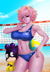 Rule 34 | 10s, 1boy, 1girl, ashido mina, ball, bare shoulders, beach, black sclera, blue sky, boku no hero academia, breasts, buruma, cleavage, colored sclera, colored skin, cowboy shot, crop top, curvy, day, easonx, hand on another&#039;s thigh, hand on thigh, hip focus, holding, holding ball, horns, large breasts, midriff, mineta minoru, navel, one eye closed, pervert, pink hair, pink skin, short hair, sky, stomach, thick thighs, thighs, volleyball (object), volleyball net, wide hips