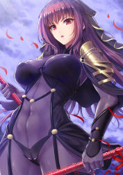 Rule 34 | 1girl, armor, bodysuit, breasts, cameltoe, chestnut mouth, covered navel, dual wielding, fate/grand order, fate (series), gae bolg (fate), highres, holding, large breasts, long hair, pauldrons, purple bodysuit, purple hair, red eyes, scathach (fate), scathach (fate), shoulder armor, solo, youshuu
