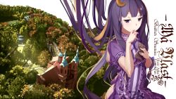Rule 34 | 1girl, adapted costume, atha (leejuiping), bad id, bad pixiv id, book, crescent, crescent hair ornament, crescent moon, dress, forest, hair ornament, half-closed eyes, hand to own mouth, holding, holding book, long hair, looking away, moon, nature, patchouli knowledge, purple dress, purple eyes, purple hair, scarlet devil mansion, shawl, short sleeves, solo, sunlight, embodiment of scarlet devil, touhou, tree