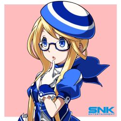 Rule 34 | 1girl, ascot, beret, blonde hair, blue-framed eyewear, blue ascot, blue eyes, enta girl, falcoon, finger to mouth, glasses, gloves, hat, highres, jacket, logo, mascot, official art, open mouth, pink background, puffy short sleeves, puffy sleeves, semi-rimless eyewear, short hair with long locks, short sleeves, simple background, snk, solo, upper body, white gloves