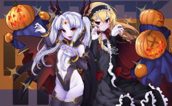 Rule 34 | &gt;:d, 2girls, :/, :d, black cape, black dress, black legwear, blonde hair, blush, cape, character request, claw pose, closed mouth, colored skin, curly hair, detached sleeves, dress, eden (sennen sensou aigis), fang, fingernails, flat chest, groin, hair between eyes, hairband, halloween, jack-o&#039;-lantern, lavender skin, light purple hair, lolita hairband, long fingernails, long hair, looking at viewer, monster, multiple girls, navel, object9991, open mouth, parted bangs, pointy ears, purple skin, red eyes, sennen sensou aigis, sharp fingernails, sidelocks, smile, sparkle, thighhighs, twintails, v-shaped eyebrows, vampire, wings