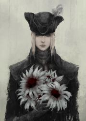 Rule 34 | 1girl, ascot, black gloves, black hat, blonde hair, bloodborne, brooch, closed mouth, flower, gloves, hat, hat feather, highres, holding, holding flower, jewelry, lady maria of the astral clocktower, lips, looking at viewer, medium request, nose, pale color, parted bangs, short hair, sidelocks, simple background, solo, tagme, the old hunters, tricorne, upper body, white background, yoshikawa (220)