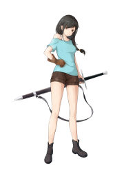 Rule 34 | 1girl, absurdres, black hair, blue shirt, brown eyes, brown gloves, brown shorts, full body, gloves, highres, holding, holding sword, holding weapon, long hair, off shoulder, original, sheath, sheathed, shirt, shoes, short shorts, short sleeves, shorts, smile, solo, sword, syaoranen, weapon