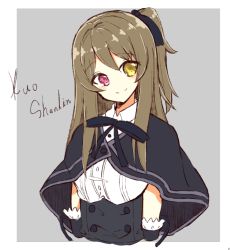 Rule 34 | 1girl, arms at sides, assault lily, black capelet, black ribbon, black skirt, border, brown hair, buttons, capelet, character name, closed mouth, collared shirt, cropped arms, cropped torso, detached sleeves, grey background, hair between eyes, hair ribbon, head tilt, heterochromia, high-waist skirt, juliet sleeves, kuo shenlin, light blush, long hair, long sleeves, looking at viewer, neck ribbon, one side up, outside border, pink hair, puffy sleeves, ribbon, sabtama111, school uniform, shirt, sidelocks, simple background, skirt, smile, solo, upper body, white border, white shirt, yellow eyes, yurigaoka girls academy school uniform