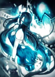 Rule 34 | 10s, 1girl, abyssal ship, artist name, battleship princess, black hair, blue eyes, blue theme, commentary request, dress, flaming eyes, genyaky, horns, kantai collection, long hair, looking at viewer, monochrome, no eyebrows, short dress, solo