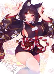 Rule 34 | 1girl, :d, animal ear fluff, animal ears, azur lane, black hair, breasts, cat ears, character name, fang, floral background, floral print, highres, large breasts, long sleeves, looking at viewer, nail polish, open mouth, paw pose, red eyes, red nails, rope, shichijou natori, shimenawa, sideboob, smile, solo, thighhighs, white thighhighs, wide sleeves, yamashiro (azur lane)