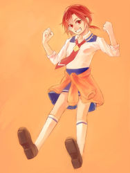 Rule 34 | 10s, 1girl, bad id, bad pixiv id, clenched hand, clenched hands, clothes around waist, full body, grin, hair ornament, hairclip, hino akane (smile precure!), kneehighs, kotaro-nosuke, loafers, necktie, orange background, orange theme, precure, red eyes, red hair, school uniform, shirt, shirt around waist, shoes, short hair, skirt, sleeves rolled up, smile, smile precure!, socks, solo, sweater, sweater around waist
