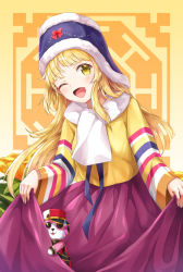 Rule 34 | 1girl, ;d, bad id, bad pixiv id, bang dream!, blonde hair, blue hat, bow, flower, hat, jeogori (clothes), long hair, long sleeves, lunacle, one eye closed, open mouth, purple skirt, red bow, red hat, scarf, shako cap, shirt, skirt, skirt hold, smile, solo, tsurumaki kokoro, very long hair, white scarf, yellow eyes, yellow flower, yellow shirt