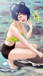 Rule 34 | 1girl, ^ ^, absurdres, bare arms, bare shoulders, bikini, black shorts, blue hair, closed eyes, commentary, genshin impact, haerge, hair rings, hand up, highres, open mouth, rock, sandals, short shorts, shorts, solo, squatting, swimsuit, thighs, water, xiangling (genshin impact), yellow bikini