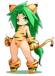 Rule 34 | 1girl, animal ears, animal hands, arms at sides, bare shoulders, blush, breasts, cat ears, cham cham, full body, gloves, gluteal fold, green eyes, green hair, hair ornament, karukan (monjya), legs apart, long hair, looking at viewer, low-tied long hair, motion lines, no panties, orb, parted bangs, paw gloves, paw shoes, samurai spirits, shoes, simple background, sleeveless, slit pupils, small breasts, solo, standing, tail, tiger stripes, very long hair, white background