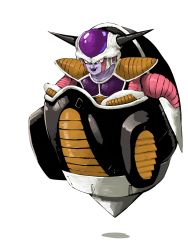 Rule 34 | 1boy, alien, armor, black lips, colored skin, dragon ball, dragonball z, floating, floating object, frieza, highres, horns, looking away, purple skin, red eyes, saiyan armor, shoulder armor, simple background, sitting, smile, solo, tail, white background, yunimaru