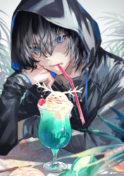 Rule 34 | 1boy, black hair, black jacket, blue eyes, blurry, cernunnos (fate), character food, cherry, commentary, cup, depth of field, doughnut, drawstring, drink, drinking glass, drinking straw, drinking straw in mouth, elbow rest, fate/grand order, fate (series), food, fruit, glaring, hair between eyes, hair over eyes, hand on own cheek, hand on own face, hand up, head rest, highres, hood, hood up, hooded jacket, hurricane glass, ice cream, ice cream float, jacket, long sleeves, looking at viewer, male focus, mouth hold, oberon (fate), oberon (moody summer oberon) (fate), palm leaf, parted lips, poppoman, short hair, solo, upper body, zipper, zipper pull tab