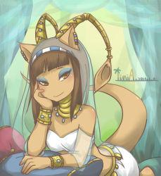 Rule 34 | 1girl, 2014, aisha (neopets), animal ears, blunt bangs, bracelet, breasts, brown eyes, brown hair, closed mouth, commentary, earrings, english commentary, eyeshadow, highres, iimia, jewelry, long hair, looking at viewer, makeup, neopets, pillow, princess amira, shadow, signature, small breasts, smile, tail