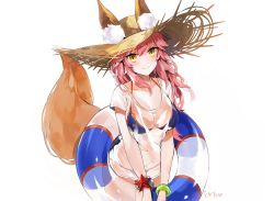 Rule 34 | bad id, bad pixiv id, bikini, blue bikini, blush, breasts, cleavage, ears through headwear, emyo, fate/grand order, fate (series), food, fox tail, hat, innertube, long hair, looking at viewer, pink hair, see-through, shirt, simple background, smile, solo, straw hat, swim ring, swimsuit, tail, tamamo (fate), tamamo no mae (fate/extra), tamamo no mae (swimsuit lancer) (fate), tamamo no mae (swimsuit lancer) (second ascension) (fate), wet, wet clothes, wet shirt, white background, yellow eyes