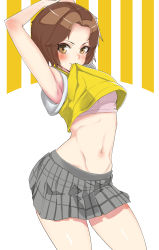 Rule 34 | 1girl, :3, armpits, arms up, blush, bonbakudan, brown eyes, brown hair, clothes lift, highres, lifted by self, looking at viewer, mouth hold, navel, pleated skirt, school girl strikers, school uniform, shirt lift, short hair, skirt, solo, sports bra, stomach, takamine ako