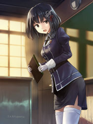 Rule 34 | 1girl, black hair, blush, breasts, brown eyes, desk, gloves, haguro (kancolle), haguro kai ni (kancolle), hair ornament, hairclip, jacket, kantai collection, looking at viewer, open mouth, purple jacket, school desk, short hair, skirt, smile, snor34, solo, thighhighs, uniform, white gloves, white thighhighs