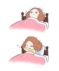 Rule 34 | 1girl, 3:, bad id, bad twitter id, bed, blanket, brown hair, commentary request, highres, korean commentary, messy hair, okumura haru, on bed, open mouth, pajamas, persona, persona 5, pillow, roviahc, rubbing eyes, sequential set, sleeping, sleepy, solo, trembling, under covers, waking up