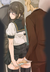 Rule 34 | 1boy, 1girl, age difference, ass, breasts, breasts out, brown eyes, brown hair, calling, closed eyes, clothed sex, clothes, grabbing, grabbing another&#039;s breast, kosokosomaru (higashi taishi), masturbation, medium breasts, molestation, open mouth, original, phone, school uniform, short hair