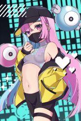 Rule 34 | 1girl, alternate costume, alternate hairstyle, baseball cap, black hat, breasts, commentary request, cowboy shot, creatures (company), cropped shirt, face mask, game freak, gen 1 pokemon, hair down, hand in pocket, hand up, hat, hexagon print, highres, iono (pokemon), jacket, long hair, long sleeves, looking at viewer, magnemite, mask, midriff, mouth mask, multicolored hair, navel, nintendo, off shoulder, pokemon, pokemon sv, popo (popopuri), purple eyes, shirt, sideboob, single leg pantyhose, sleeveless, sleeveless shirt, sleeves past wrists, small breasts, solo, split-color hair, stomach, thigh strap, turtleneck, two-tone hair, very long hair, yellow jacket