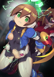 Rule 34 | 1boy, 1girl, aile (mega man zx), blonde hair, bodysuit, breasts, brown hair, commission, electricity, girouette (mega man), glowing, green eyes, gummyrise, highres, long hair, mega man (series), mega man zx, nipples, one breast out, red eyes, robot ears, sex, sex from behind, short hair, skeb commission, small breasts, tears, torn bodysuit, torn clothes