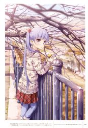 Rule 34 | 1girl, :o, absurdres, blurry, blush, denim, depth of field, food, food on face, hair ornament, highres, jeans, long hair, looking at viewer, new game!, official art, outdoors, pants, pleated skirt, purple eyes, purple hair, railing, red skirt, scan, skirt, solo, suzukaze aoba, sweater, sweet potato, tokunou shoutarou, tree, twintails
