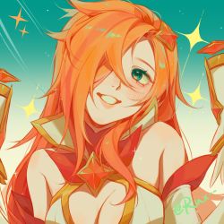 Rule 34 | 1girl, absurdres, bare shoulders, blush, bow, bowtie, breasts, cleavage, detached sleeves, gem, gradient background, green background, grey background, grin, hair ornament, hair over one eye, highres, large breasts, league of legends, long hair, miss fortune (league of legends), orange hair, red bow, red bowtie, ruan chen yue, smile, solo, star (symbol), star guardian (league of legends), star guardian miss fortune, star hair ornament, teeth