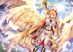Rule 34 | 1girl, absurdly long hair, aged up, alternate costume, alternate wings, angel wings, belt, belt pouch, black pantyhose, black ribbon, blonde hair, blue sky, boots, breasts, cloud, cosplay, day, dress, dutch angle, feathered wings, feathers, final fantasy, final fantasy xiv, hair between eyes, hat, holding, holding staff, knee boots, layered dress, light particles, lily white, long hair, long sleeves, looking at viewer, medium breasts, mountain, neck ribbon, outdoors, pantyhose, pouch, red eyes, ribbon, sky, smile, solo, staff, sun, touhou, very long hair, vest, white mage (final fantasy), white mage (final fantasy) (cosplay), white vest, wings, wizard hat, z.o.b