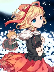 Rule 34 | 1girl, black bow, black bowtie, blonde hair, blue eyes, bow, bowtie, closed mouth, doll, doll joints, from side, hair bow, hair ribbon, highres, joints, karasusou nano, looking at viewer, medicine melancholy, nyoro~n, red bow, red ribbon, red skirt, ribbon, short hair, short sleeves, skirt, su-san, touhou