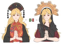 Rule 34 | 1girl, alternate costume, blonde hair, chinese clothes, commentary, comparison, crescent, earrings, equation, hat, headdress, jewelry, junko (touhou), long hair, long sleeves, looking at viewer, mefomefo, mexican flag, own hands clasped, own hands together, pom pom (clothes), red eyes, shawl, short sleeves, simple background, smile, solo, tears, touhou, upper body, white background, wide sleeves