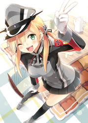 Rule 34 | 10s, 1girl, ;d, anchor hair ornament, bent over, black thighhighs, blonde hair, blush, cup, eretto, gloves, green eyes, hair ornament, hat, kantai collection, kotatsu, long hair, long sleeves, low twintails, military, military uniform, one eye closed, open mouth, over-kneehighs, pleated skirt, prinz eugen (kancolle), sailor hat, shirt, skirt, smile, solo, table, teacup, teapot, thighhighs, twintails, uniform, v, white gloves, yunomi