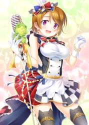 Rule 34 | 10s, 1girl, :d, belt, bow, bracelet, breasts, brown hair, cafe maid (love live!), checkered clothes, checkered skirt, earrings, flower, gloves, hair bow, hat, jewelry, koizumi hanayo, love live!, love live! school idol festival, love live! school idol project, microphone, microphone stand, musical note, open mouth, purple eyes, rose, short hair, skirt, smile, solo, thighhighs, white gloves, yuurei yashiki
